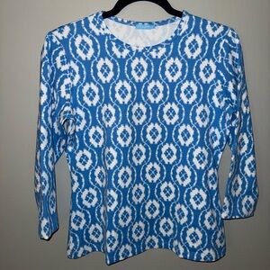 J. McLaughlin Blue and White Ikat-Pattern Long Sleeve Top